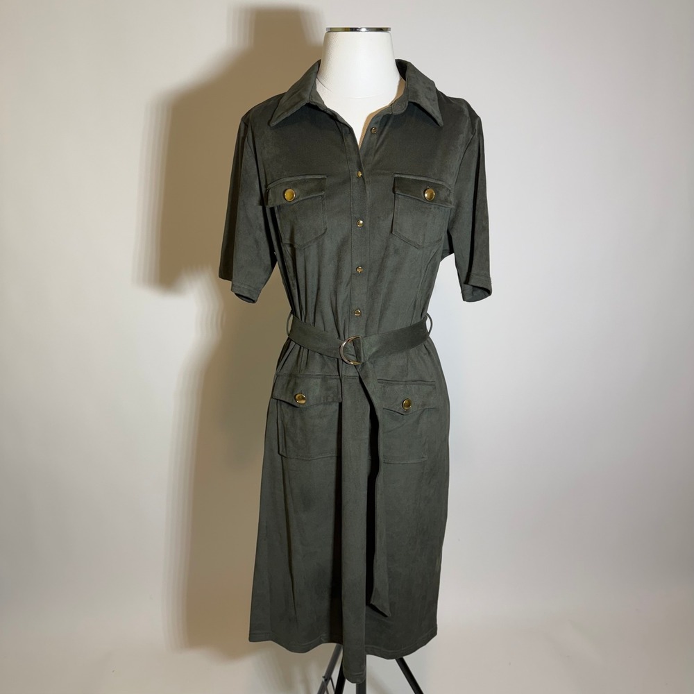 NWT Nanette Lepore Olive Green Faux Suede Belted Shirt Dress Pockets Size 12